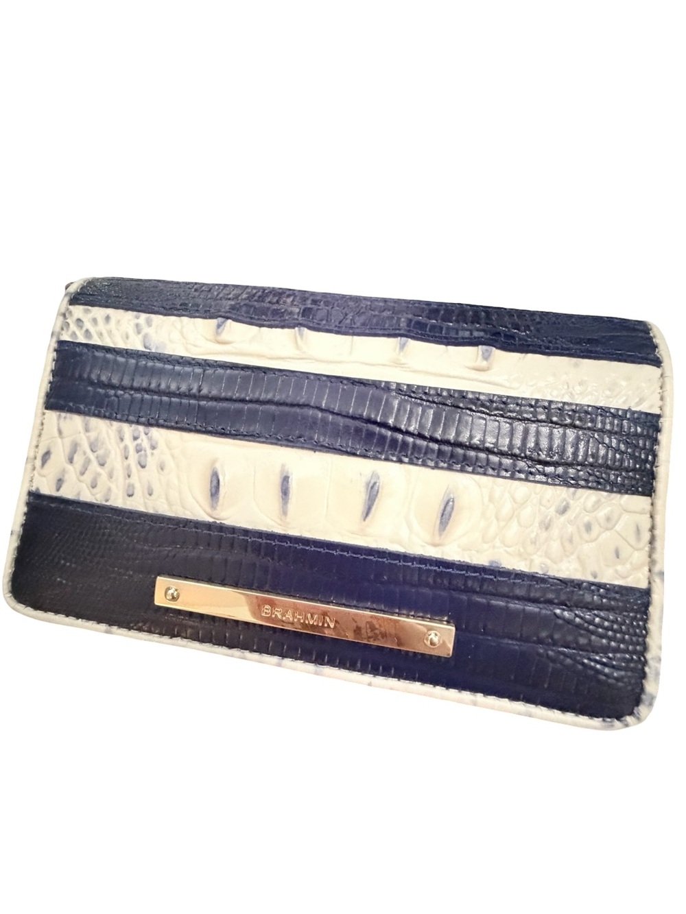 Brahmin navy & white striped melbourne croc embossed satchel + wallet set - Picture 8 of 10